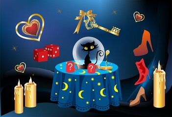 composition with a key and candles for a fortune telling evening