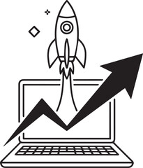 Startup rocket launching from laptop screen represents business growth and digital innovation success vector