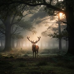 Majestic Deer in Misty Forest at Sunrise.