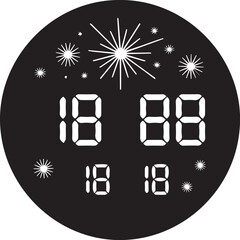 Digital clock displaying 18 88 and 18 18 with festive fireworks accents in a circular black frame on a light gray surface vector