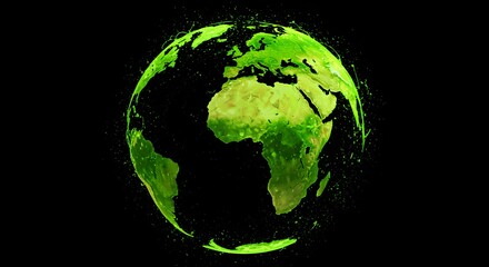 A glowing, digital globe of Earth, highlighting landmasses in shades of green against black