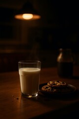 Cold Milk and Cookies Scene in Warm Kitchen Light