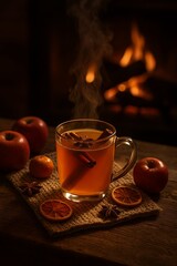 Steaming Hot Apple Cider Beside Fireplace in Cozy Autumn Setting