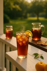 Southern Sweet Tea with Lemon on Wooden Porch in Golden Hour Light