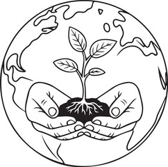 Hands cradling a growing plant sprout with roots in soil surrounded by a sketched globe representing earth and environmental conservation concept vector