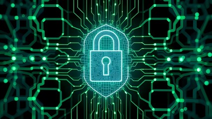 Cybersecurity illustration featuring a digital lock within a circuit board network with green glow