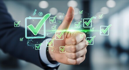 Businessman's hand showing a thumbs-up gesture surrounded by glowing green checkmark icons, symbolizing successful completion, approval, and verified tasks in a digital business environment