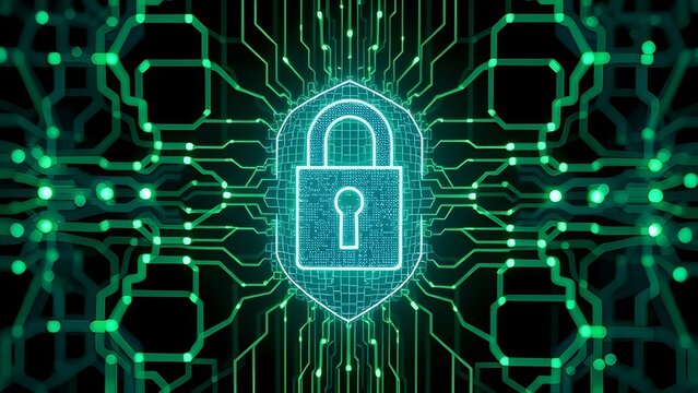 Cybersecurity illustration featuring a digital lock within a circuit board network with green glow