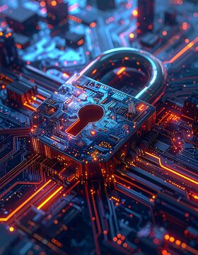A glowing digital padlock superimposed on a circuit board with vibrant red and blue lights