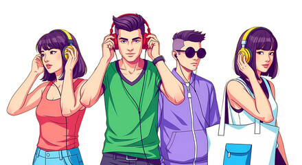 Diverse Group of Young People Listening to Music with Headphones and Earbuds, Pop Art Style Vector Illustration of Youth Culture and Digital Audio Entertainment