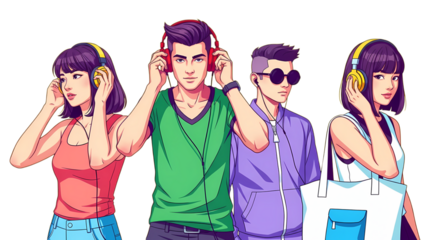 Diverse Group of Young People Listening to Music with Headphones and Earbuds, Pop Art Style Vector Illustration of Youth Culture and Digital Audio Entertainment