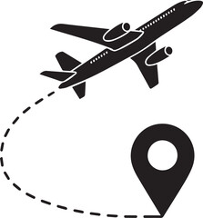 Airplane flying and location pin icon showing travel route and destination concept for tourism and transportation businesses vector