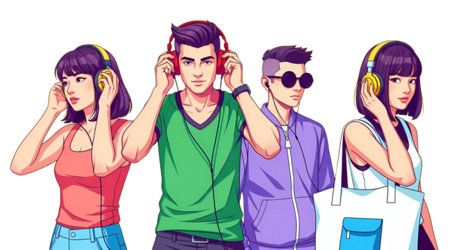 Diverse Group of Young People Listening to Music with Headphones and Earbuds, Pop Art Style Vector Illustration of Youth Culture and Digital Audio Entertainment