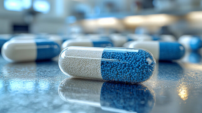 Closeup view of a white and blue medicine capsule Generative AI