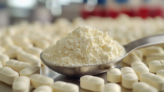 Closeup of medicinal powder on stainless steel surface Generative AI