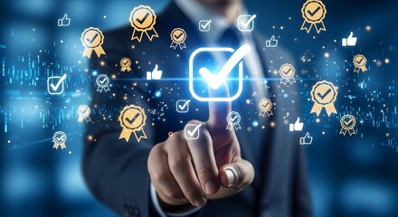 Businessman's hand touching a digital checkmark icon, representing quality assurance, service standards, and business certification