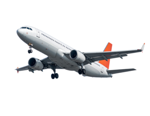 Passenger airplane taking off with landing gear deployed on white