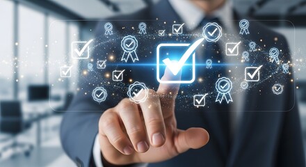 Businessman interacting with a virtual interface of quality assurance and certification icons