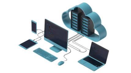 Modern cloud computing with multiple devices connected, illustrating data storage, digital networking, and seamless technology integration for business.