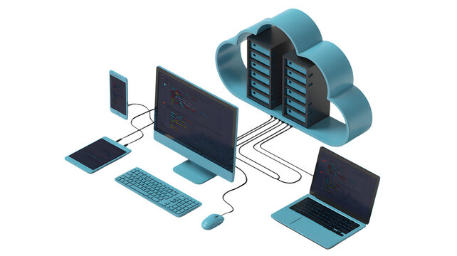 Modern cloud computing with multiple devices connected, illustrating data storage, digital networking, and seamless technology integration for business. - Powered by Adobe