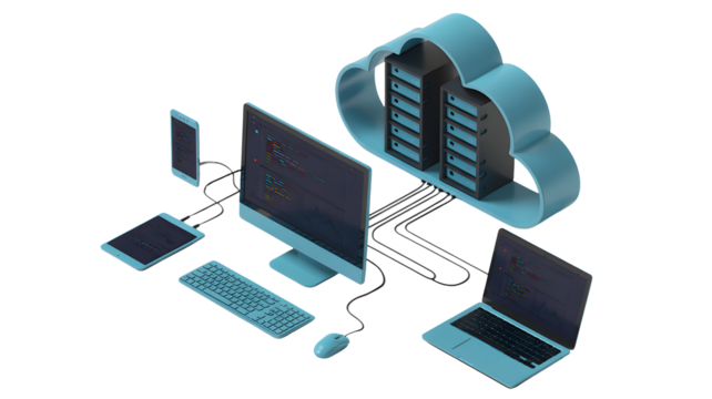Modern cloud computing with multiple devices connected, illustrating data storage, digital networking, and seamless technology integration for business.