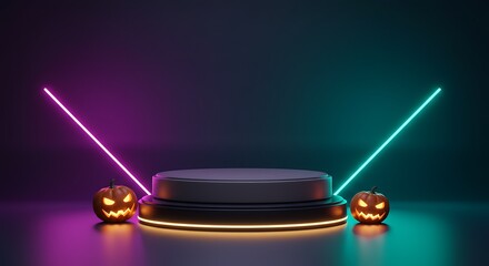 Empty Halloween podium with neon lights and pumpkins