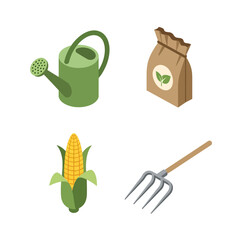 Isometric farming tools and crops for agriculture and gardening.