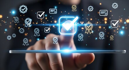 Fototapeta premium Futuristic Digital Quality Assurance and Verification Hand Interacting with Holographic Interface Displaying Checkmarks, Badges, and Approval Symbols for Business Excellence and Service Standards