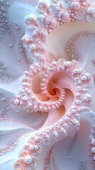 Obraz premium A delicate and intricate abstract illustration showcasing a spiraling fractal pattern with soft pink and white organic textures, evoking microscopic biological forms or ethereal coral structures