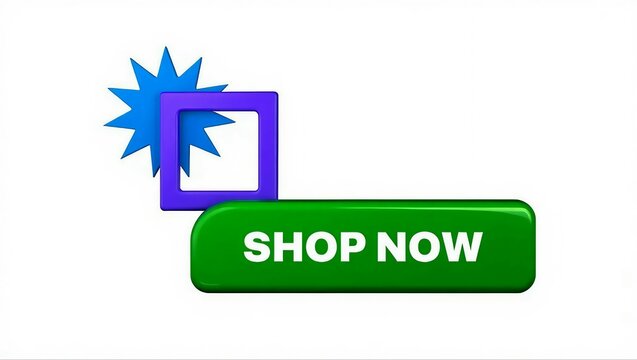 Green shop now button with a purple frame and blue starburst isolated on white background