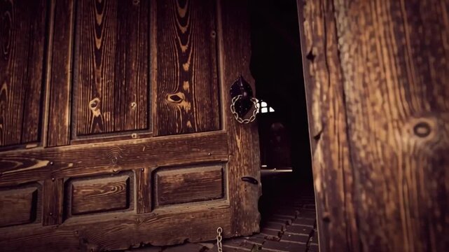 Worn wooden door weathered wood rustic panel antique metal chain hinge textured panels cobblestone ground close up moody vintage atmosphere