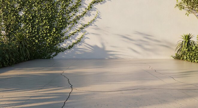 White wall with ivy and plants casting shadows on a cracked concrete surface in the sunlight - Powered by Adobe