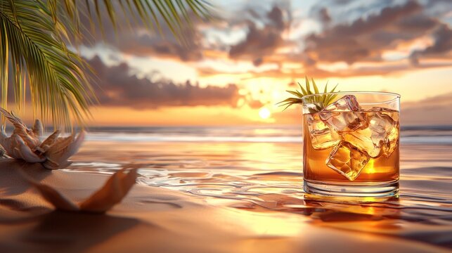 Tropical Cocktail at Sunset - A Beachside Relaxation Scene.