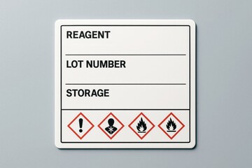 Laboratory chemical reagent label with hazard symbols and blank fields for lot number and storage information on light gray background. Ai generative