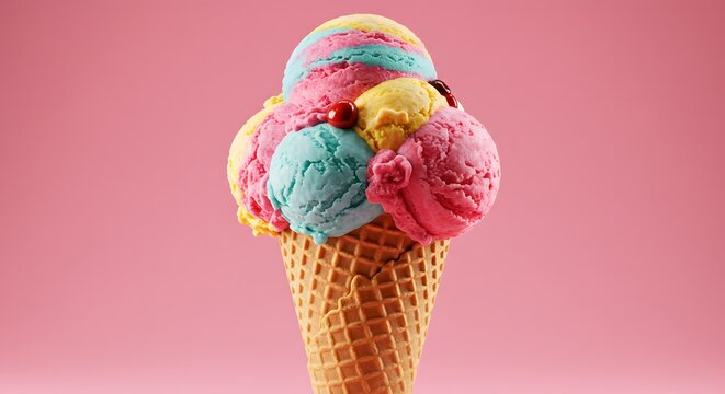 A colorful ice cream cone with multiple scoops in various pastel shades against a pink backdrop