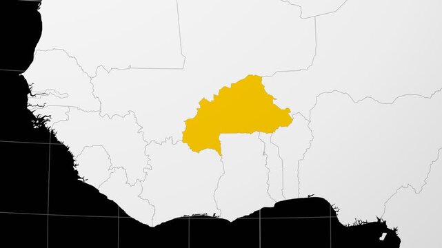 Burkina Faso map. Animated zoom into the country on the Globe in Black White color palette. Country logo animation. Map with meridians, parallels. Trending video.