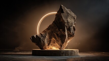 Abstract Rock Sculpture with Neon Ring - Art Installation