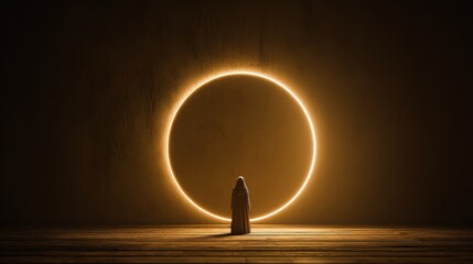 Mysterious Figure Facing a Glowing Circular Portal in the Dark