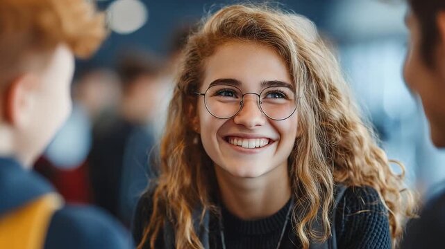 Radiant Enthusiasm: A close-up shot of a young woman beaming with genuine happiness as she engages in a conversation, highlighting the pure joy of human connection. 