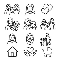 Collection of black and white outline icons representing family, love, and home.