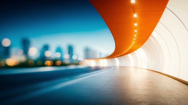 Pathway to Urban Illumination: An architectural marvel, where a dynamically curved tunnel of orange hues leads towards a luminous city skyline. This image combines urban design and visionary transit.