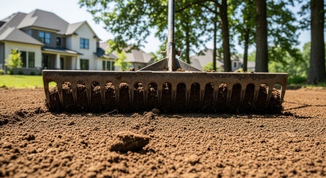 Yard work with a landscape rake leveling soil in a residential garden
