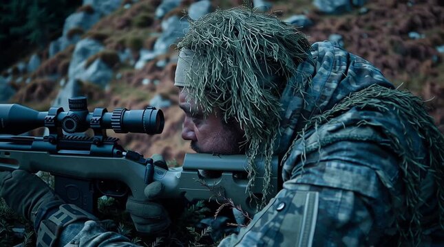 Cinematic, gritty shot of a sniper team in ghillie suits on a forested ridge, sniper aiming through .50 cal scope, spotter observing, soft overcast light, extreme focus and precision.