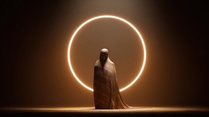 Mysterious Figure with Neon Halo: Abstract Religious Sculpture