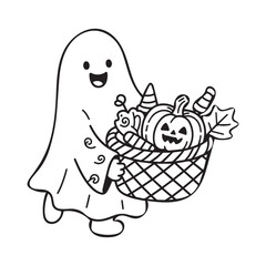  Friendly Young Ghost Holding Halloween Basket Full of Candy and Pumpkins. 