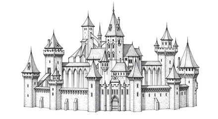 Obraz premium A detailed architectural pencil drawing of a large, magnificent fairytale castle with many towers and turrets isolated on a white background.