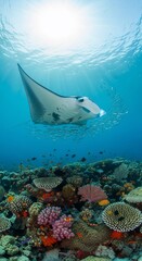 Manta Ray Gliding Over Vibrant Coral Reef.