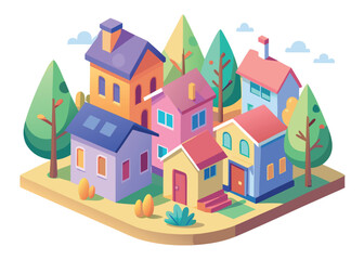 Fototapeta premium Colorful houses and trees create a vibrant neighborhood isolated on white background