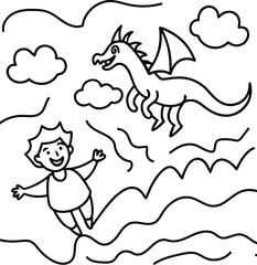 friendly dragon flying with a smiling boy isolated line art vector, friendly dragon flying with a smiling boy coloring book design