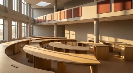 Fototapeta premium Lecture Hall Interior with Curved Tables and Natural Light